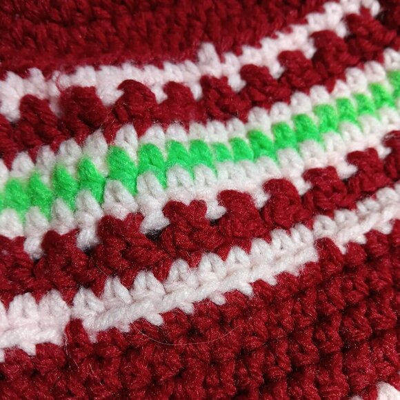 Vintage Handmade Crochet Hat Red White Green Striped Pattern With Pom-Pom Trim - Picture 7 of 10